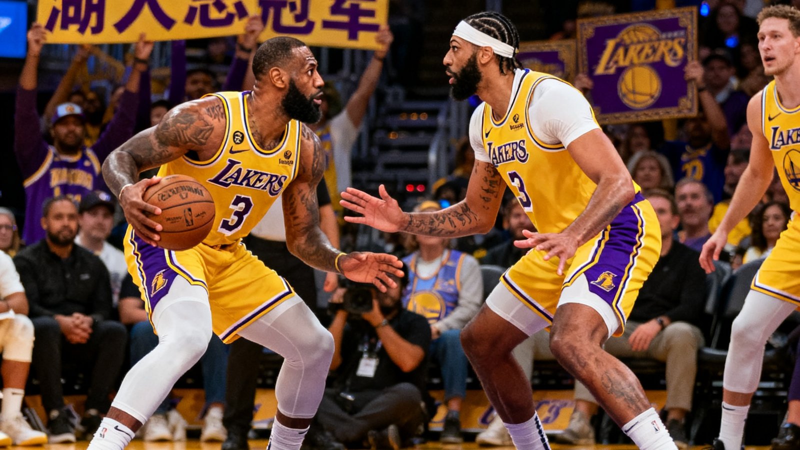 NBA常规赛湖人主场对阵勇士的比赛现场，詹姆斯在弧顶持球组织进攻，浓眉在内线卡位要球，场上气氛紧张