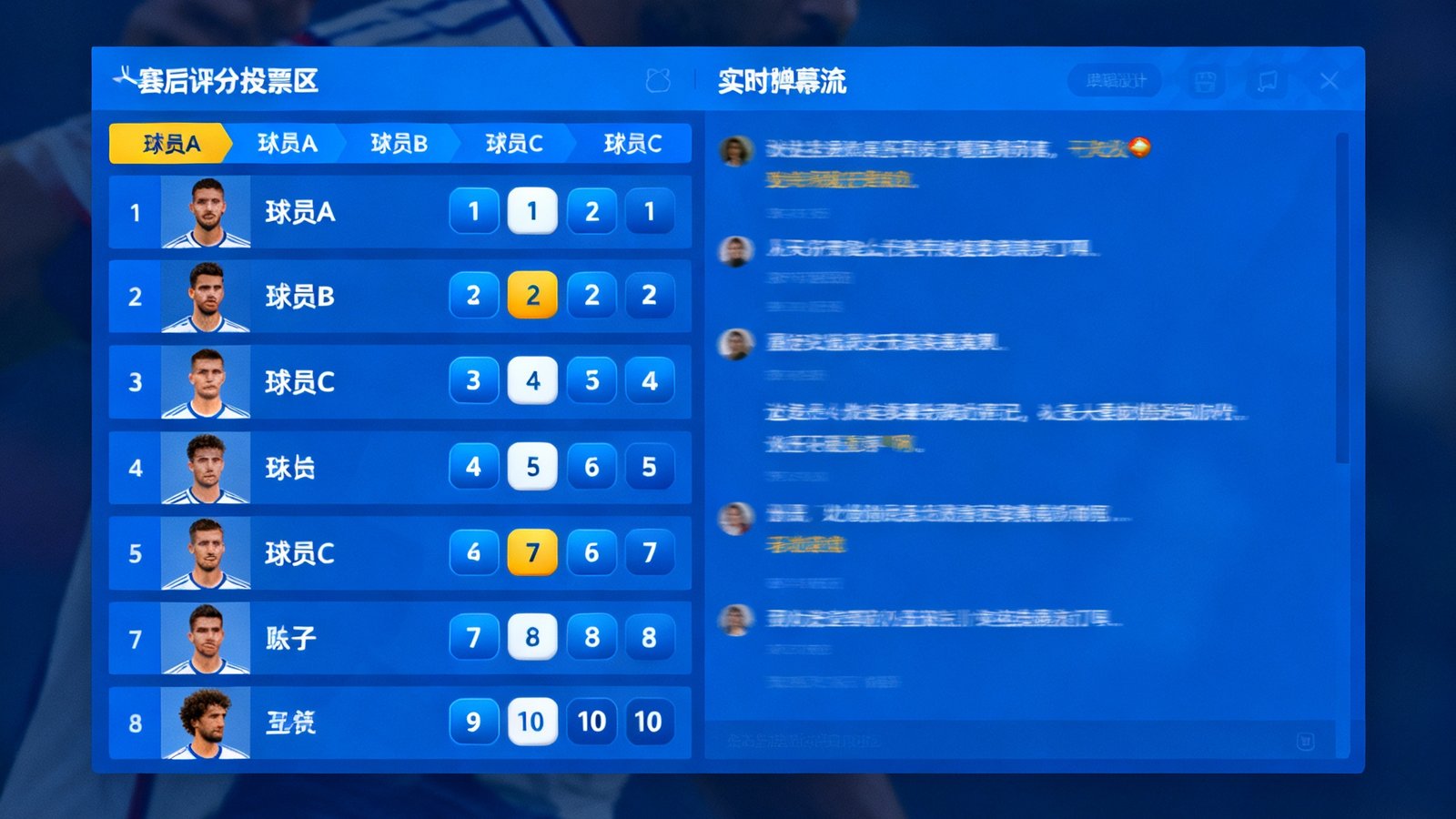 比赛直播间内置聊天室界面，右侧显示实时弹幕流，左侧为赛后评分投票区，球迷可以用1-10分给每位球员打分